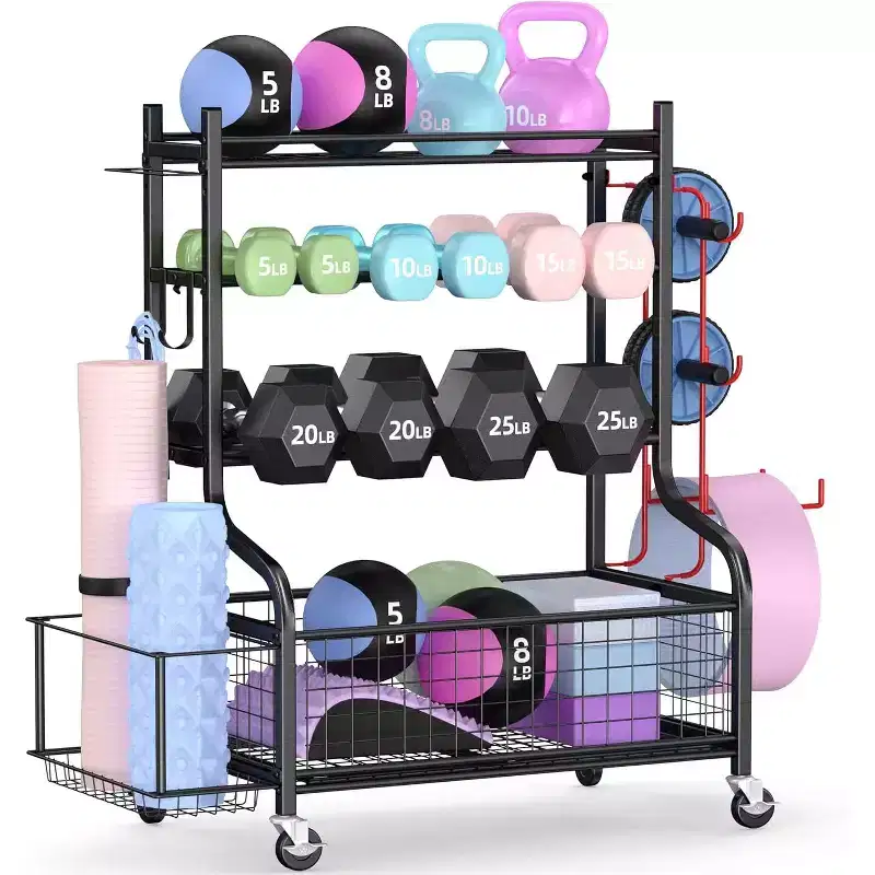 Dumbbell Rack Weight Storage for Dumbbells, Kettlebells, Yoga Mat & Balls, with Wheels & Hooks, Powder-Coated Steel
