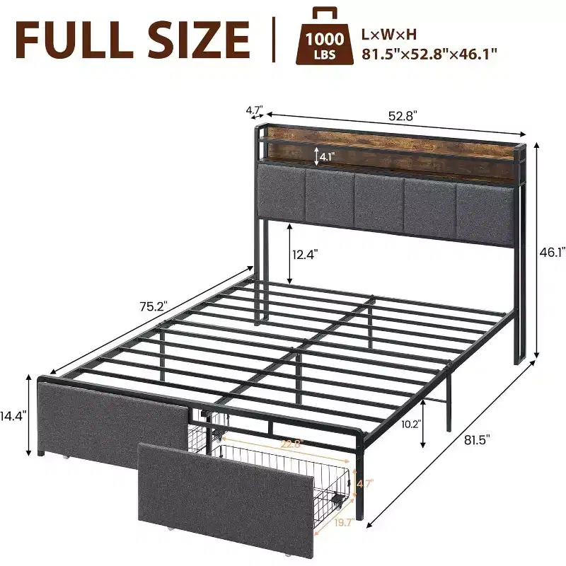 Bed Frame with Storage Headboard, LED Lights, Charging Station, 2 Drawers, No Box Spring Needed, Easy Assembly