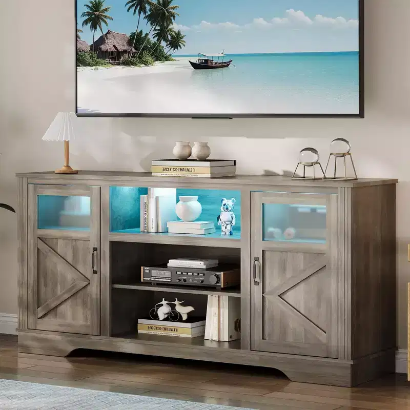 Farmhouse TV Media Console Table for up to 65 Inch TV, 34.4 Tall TV Stand with Storage & LED Light