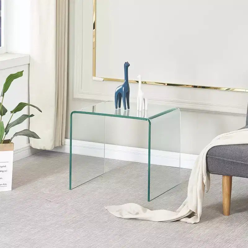 Tempered Bent Glass End Table, Modern Side Table for Living Room and Bedroom