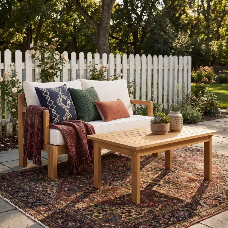 Christopher Knight Home Graziella Modern 2 Piece Patio Acacia Wood Loveseat Sofa and Coffee Table