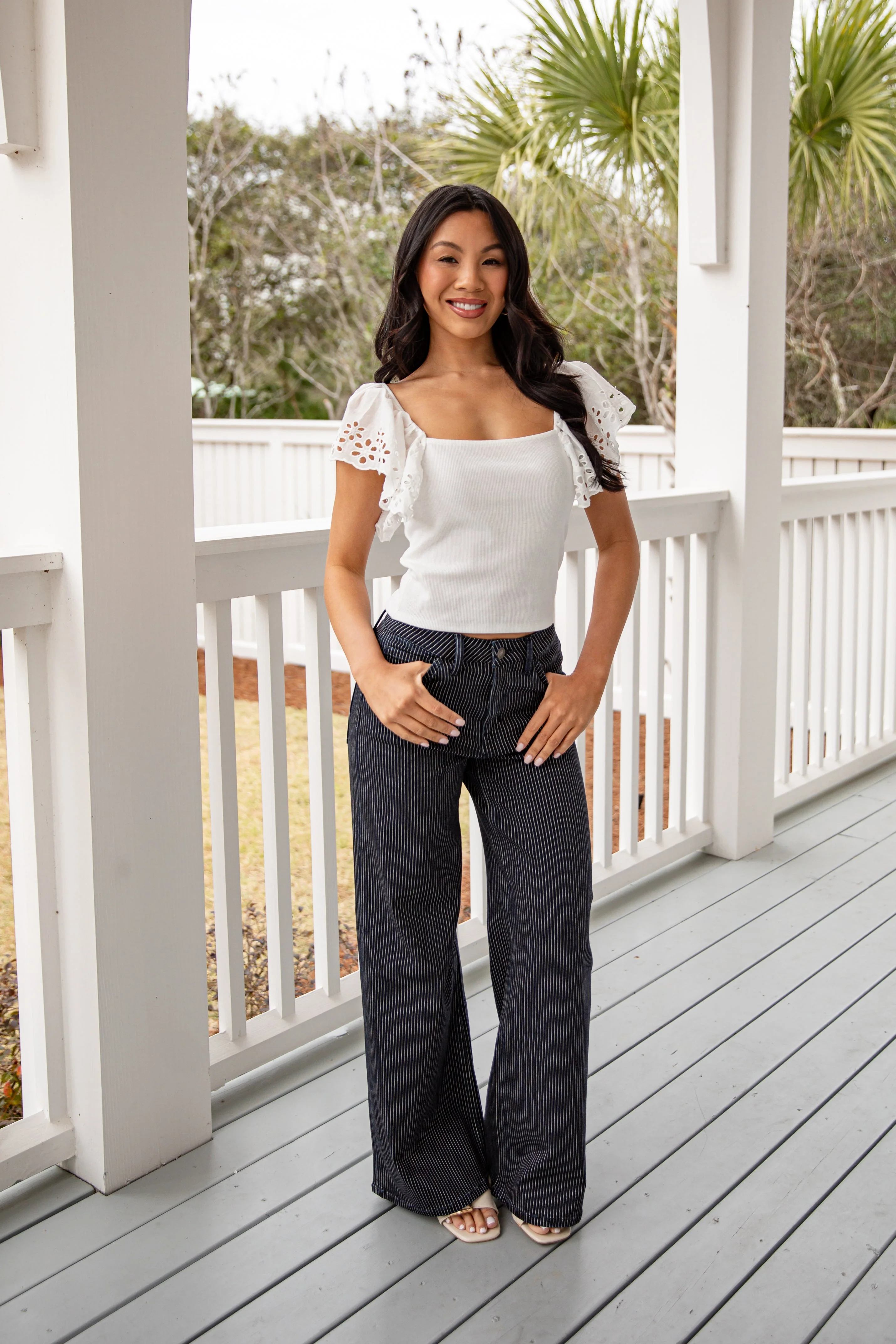 Dark Wash Pinstripe High Waist Wide Leg Jeans