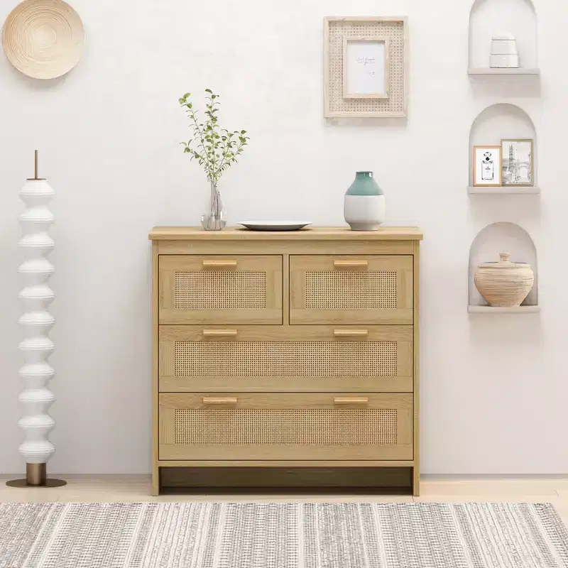 JVNOXK Modern 31.50-inch rattan storage cabinet with 4 deep drawers, perfect for bedrooms, dining rooms, and hallways. Easy assembly