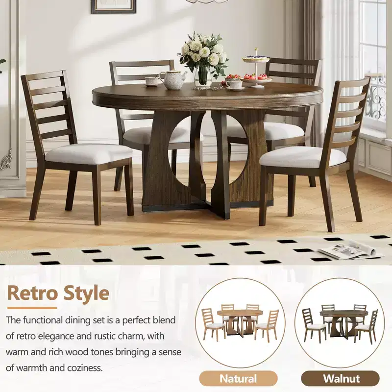 Whisen 5-Piece Retro Rustic Functional Dining Set with 1 Extendable Table and 4 Upholstered Chairs