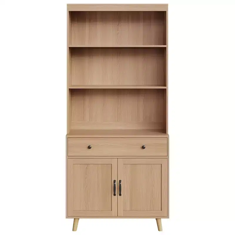 Modern Natural Wood Buffet Cabinet with 3-Tier Storage, Drawer & Open Shelves