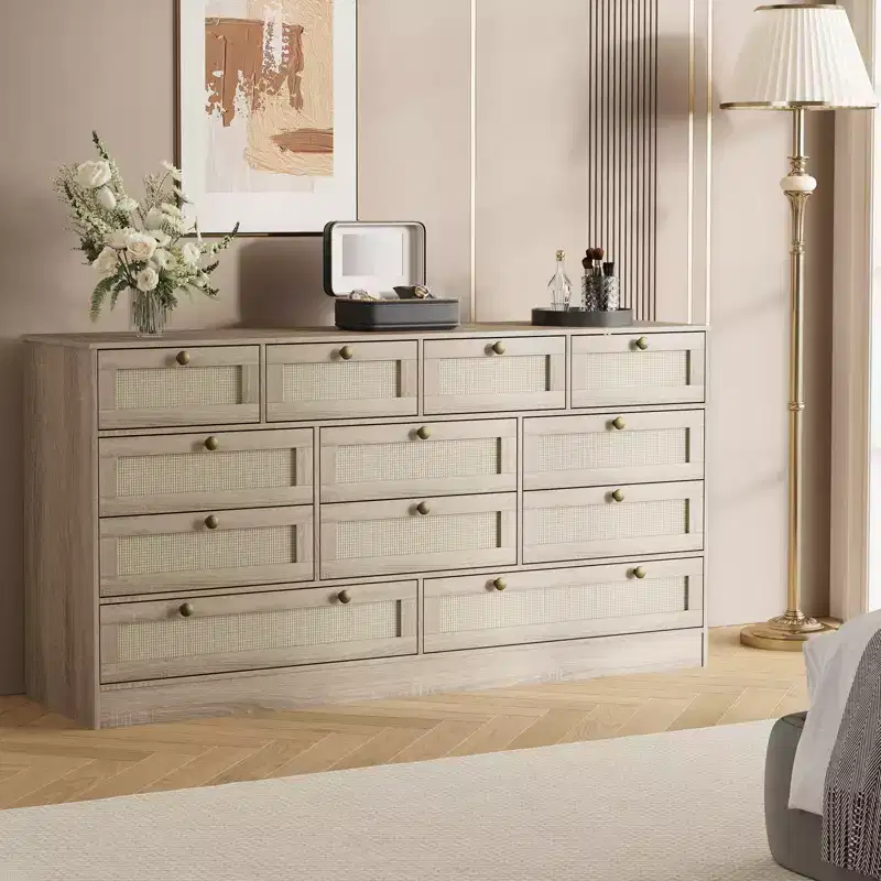 Modern 12 Drawer Sturdy Wood Dresser, TV Stand for 65 TV, Large Storage Cabinet, for Living Room, Hallway