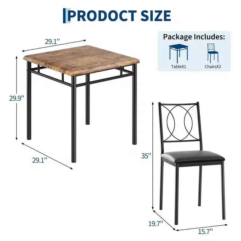 Farmhouse Dining Table Set for 2 - Dining Table with Upholstered Chairs, Wood Kitchen Table Set, Space-Saving Apartment
