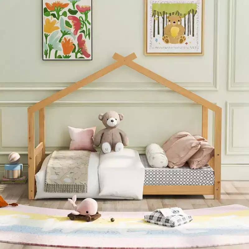 Twin/Full Size Platform Bed, House-Shaped Wooden Play Bed Frame with Headboard, Footboard, and Roof Design -ModernLuxe