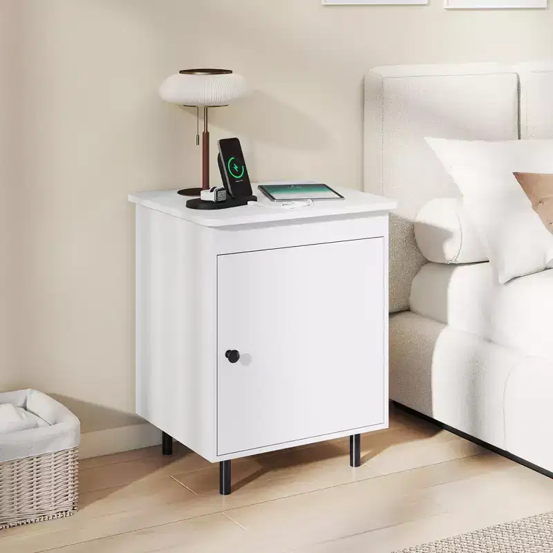 Costway Nightstand Mid Century Modern End Table w/Door Heavy-Duty Metal Legs for Bedroom