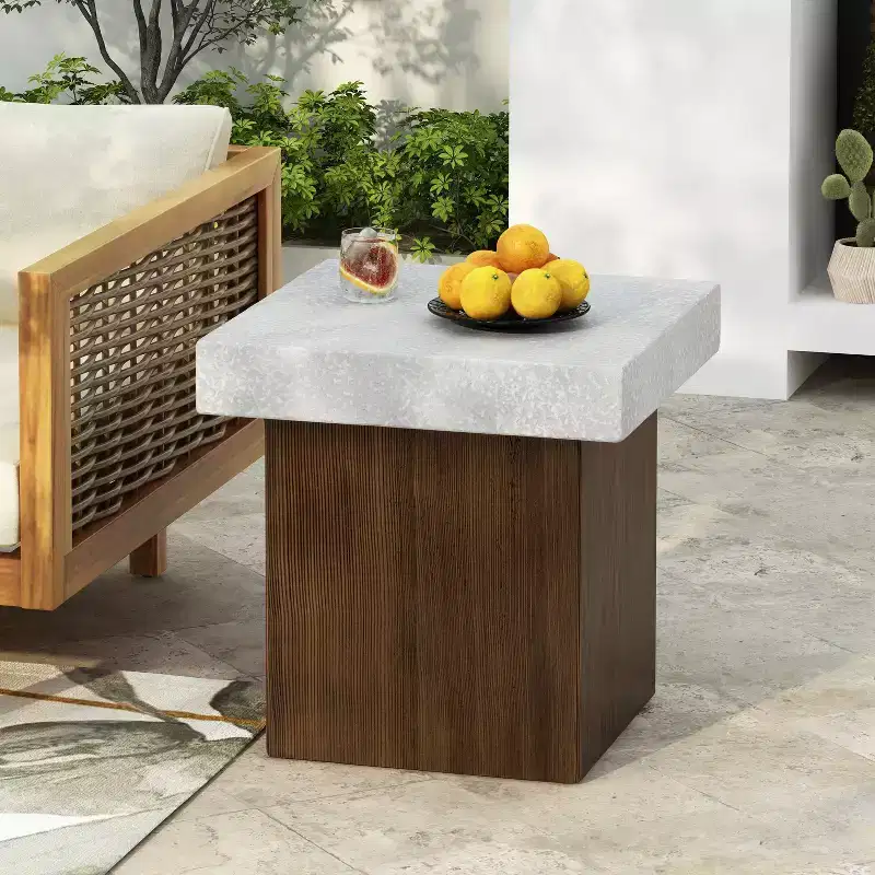 MAYEERTY 1 Pack Square Side Table, Faux Stone & Wood Texture End Table for Indoor Outdoor Living Room, Patio, Bedroom