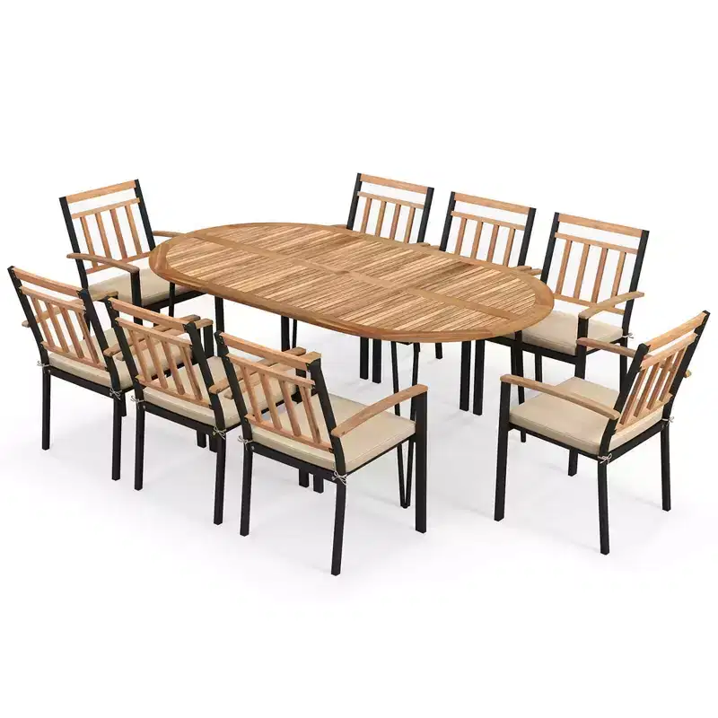 Costway 9 Pieces Outdoor Dining Set with Acacia Wood Top & Umbrella Hole Metal Frame