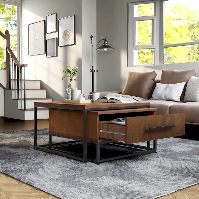 Rustic Brown Square 2-Piece Solid Wood Coffee Nesting Tables with 1-Drawer