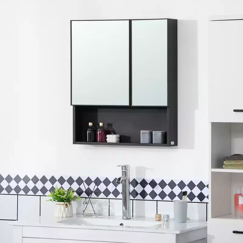 Wall-Mounted Medicine Cabinet, Bathroom Mirror Cabinet with Double Doors and Storage Shelves, Black
