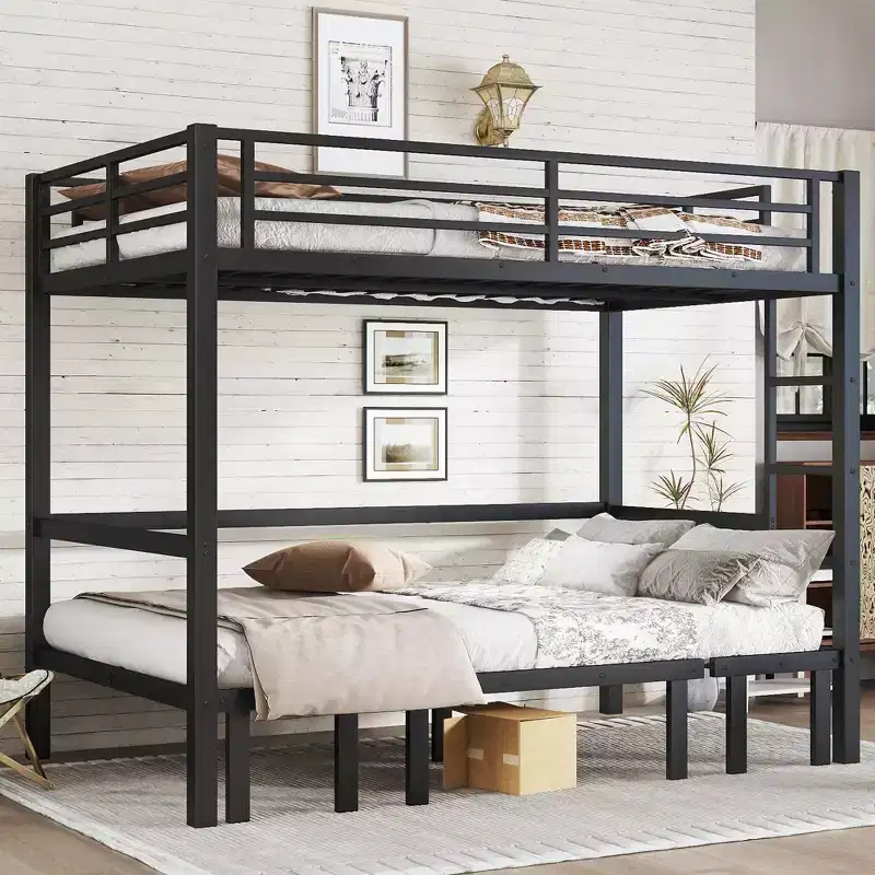 Modern Metal Bunk Bed with Safety Rails and Three Independent Pull-Out Sections