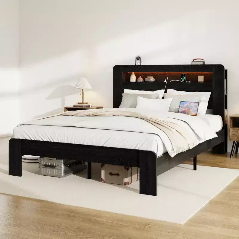 Full/Queen/King Size Bed Frame, Wood Platform with LED Light Headboard and 2 USB ,Noise Free,No Box Spring Needed,Large Under Bed Storage,Dark Black