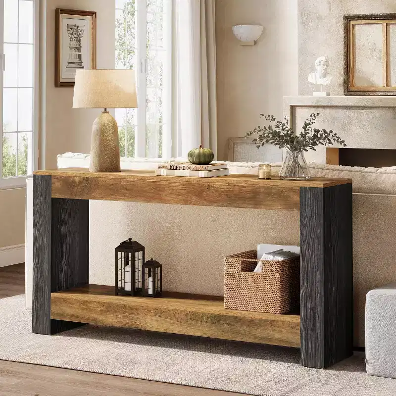 Lantine 63-Inch Long Console Table for Entryway, Farmhouse Wood Sofa Table Behind Couch for Living Room, Hallway, Rustic Brown & Black