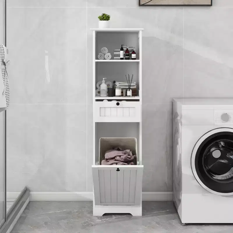 55'' Tall Bathroom Storage Cabinet, Hidden Tilt Out Laundry Hamper, Wooden Floor Cabinet For Laundry Room Living Room White