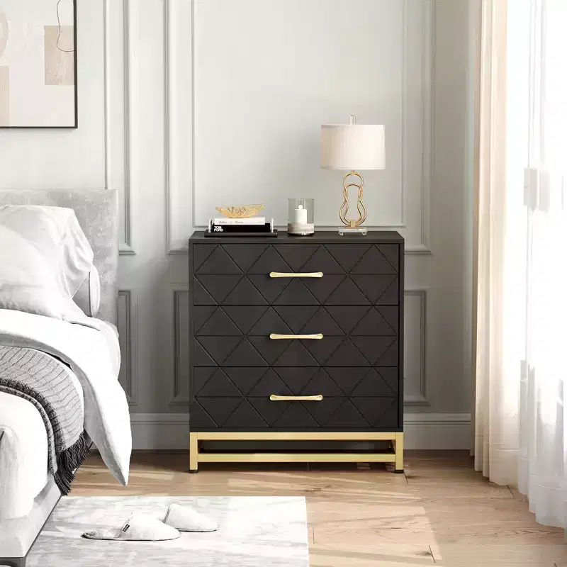 Three-drawer storage cabinet, bedside table with storage function, dressing table, gold handle, suitable for bedroom, living room and entrance