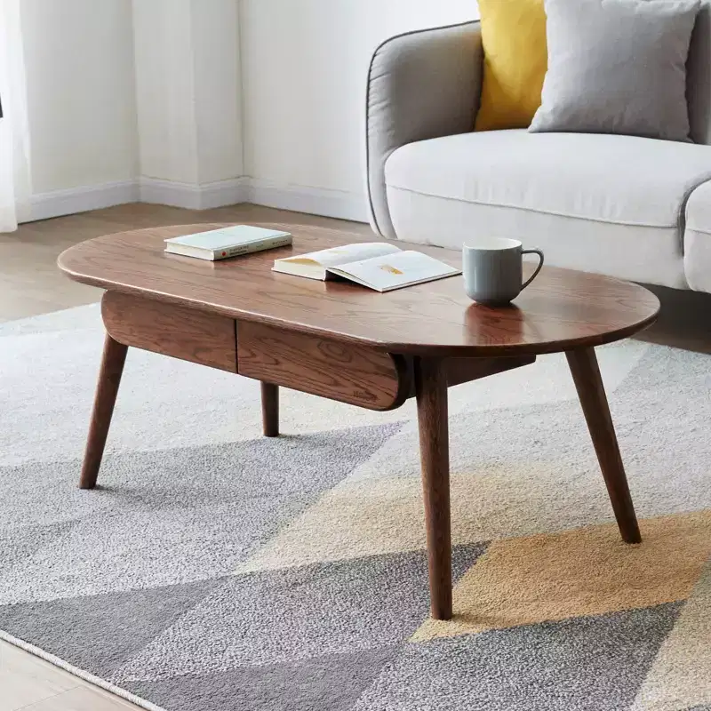 Living Room Oval Coffee Table, Wood Farmhouse Low Table with 2 Drawers, Modern Centre Table for Study Room Office Hotel Balcony