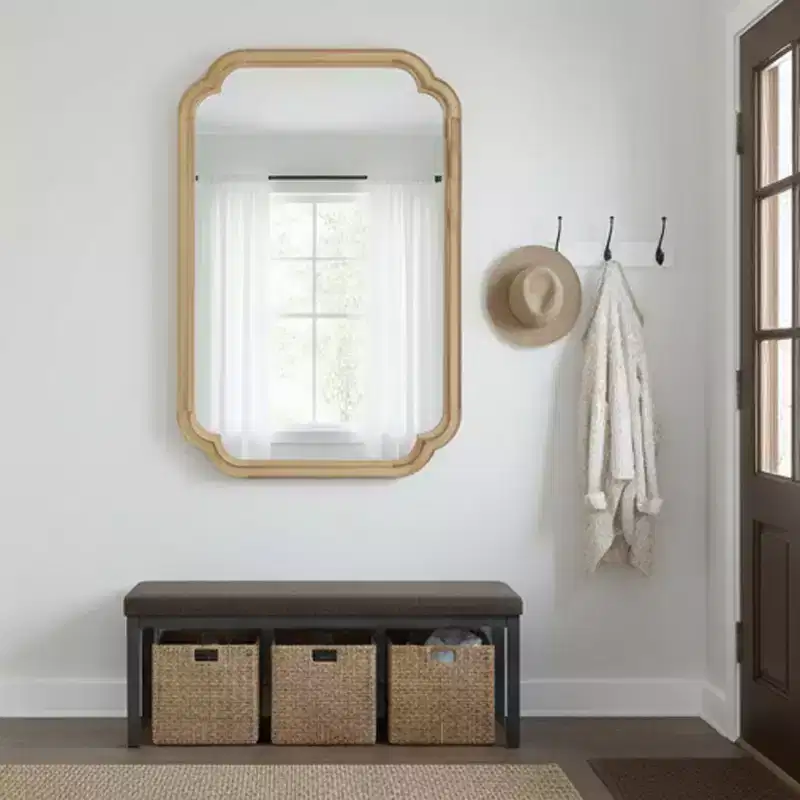 24 x 36 inch Natural Wood Color Solid Wood Frame Rounded Corner Wall Decorative Mirror for Bedroom Entryway and Living Room
