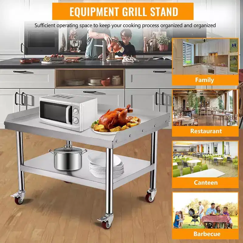 36x28x24 Stainless Steel Equipment Grill Stand Table,1000 lbs Top Shelf,220 lbs Bottom Shelf,Adjustable Legs,2 Edge Baffle