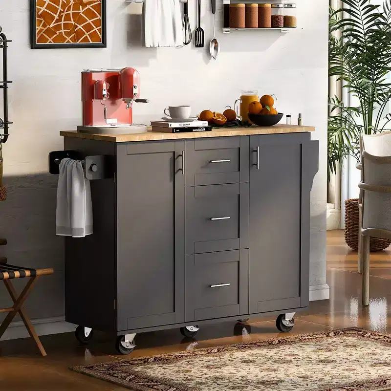 Kitchen Island, Rolling Storage Cabinet with 3 Drawers, Rubber Wood Top, Spice Rack, 2 Slide-Out Shelf