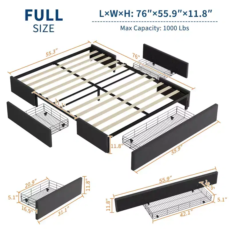 Full Size Storage Platform Bed Frame with 3 Large Drawers, Dark Grey Fabric Upholstered Bed with Wooden Slats, No Box Spring Needed, Noise-Free