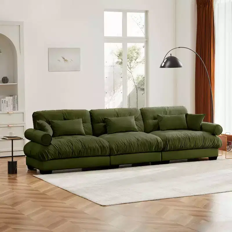 MAYEERTY Extra large 3 Seat Modern Velvet Sofa Cloud Like Comfortable Seat and Back Support with Waist Pillows and Throw Pillows Olive Green