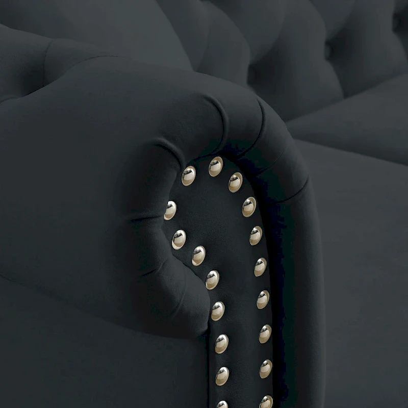 2-Seater Chesterfield Sofa with Rolled Arms and Nailhead Trim – Black Velvet