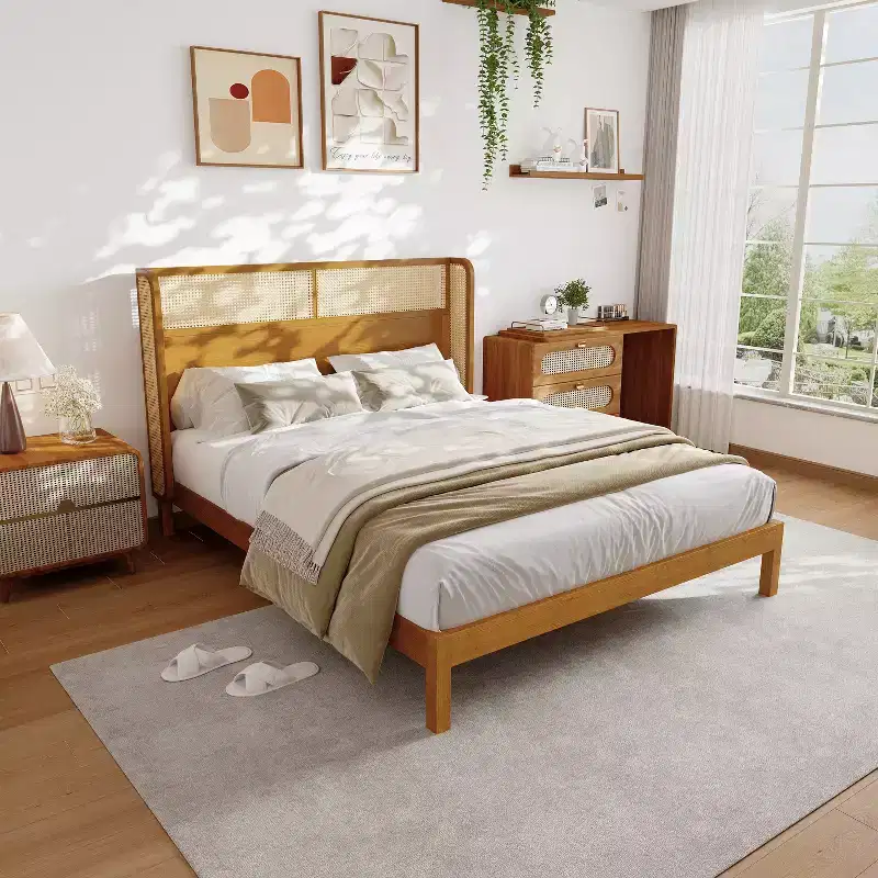 King/Queen Platform Bed Frame with Headboard, Mid Century Modern Rubber Wood Bed for Bedroom, Natural - ModernLuxe