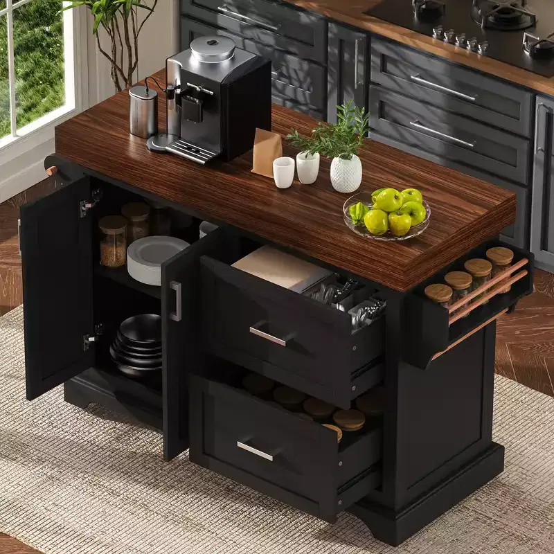 Whisen Large Kitchen Storage Island Cart, Kitchen Portable Rolling Island Cart with 3.5 Thick Desktop, 5 Wheels, 2 Drawers, Towel Rack