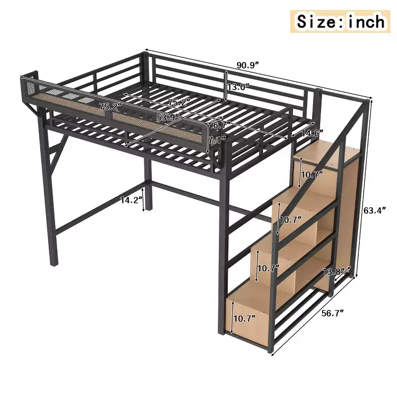 Full Loft Bed with Storage Stairs, Built-in Wardrobe & Shelves, Metal Frame, USB Ports, LED Lights, Noise-Reducing Design, Natural Wood