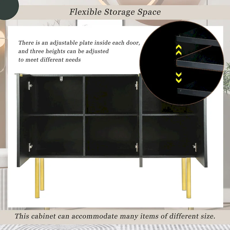 Sideboard Cabinet with Gold Metal Legs, Handles and Adjustable Shelves - 47L x 16.5W x 35.5H
