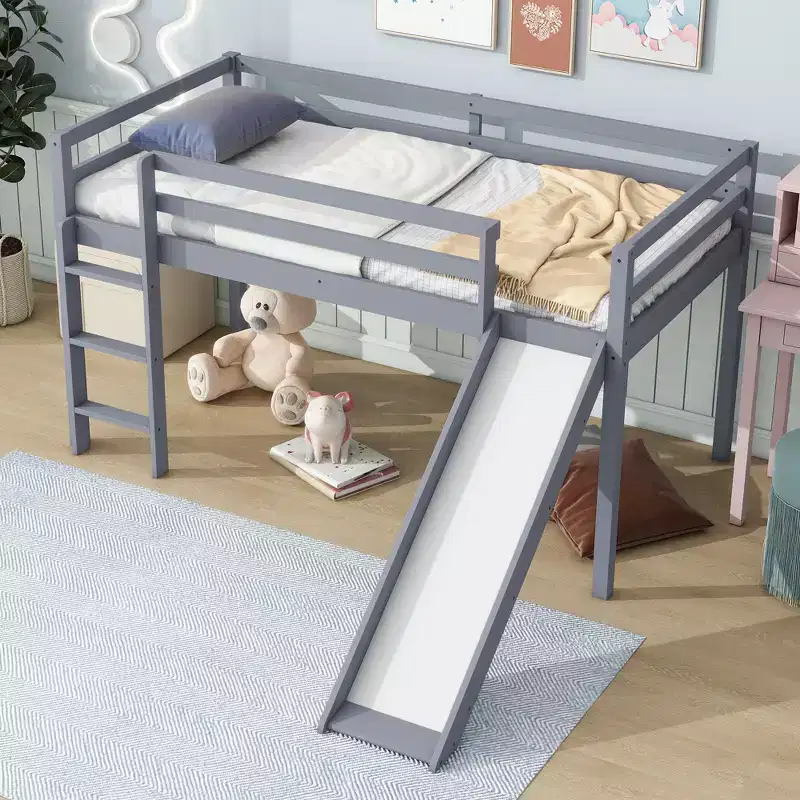 MAYEERTY Twin Low Loft Bed with Slide, Ladder, Safety Guardrails Gray