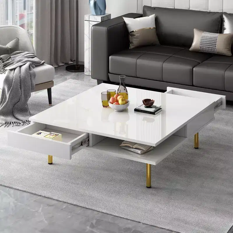 33.4 Coffee Table with 2 Drawers, 2-Tier Square Design, Open Shelves, 4 Golden Legs, Mid-Century Side Table for Living Room, White.