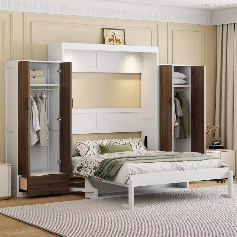 Full/Queen Size Murphy Bed with Closet, Drawers & Table - Wall Bed for Small Spaces, White