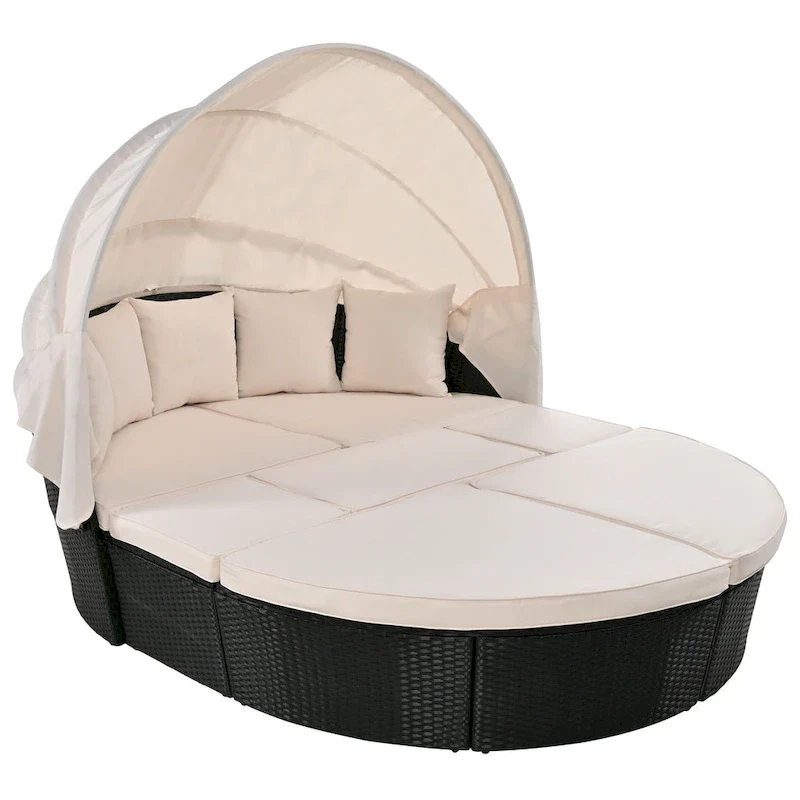 Outdoor Rattan daybed sunbed with Retractable Canopy Wicker Furniture with Washable Cushions