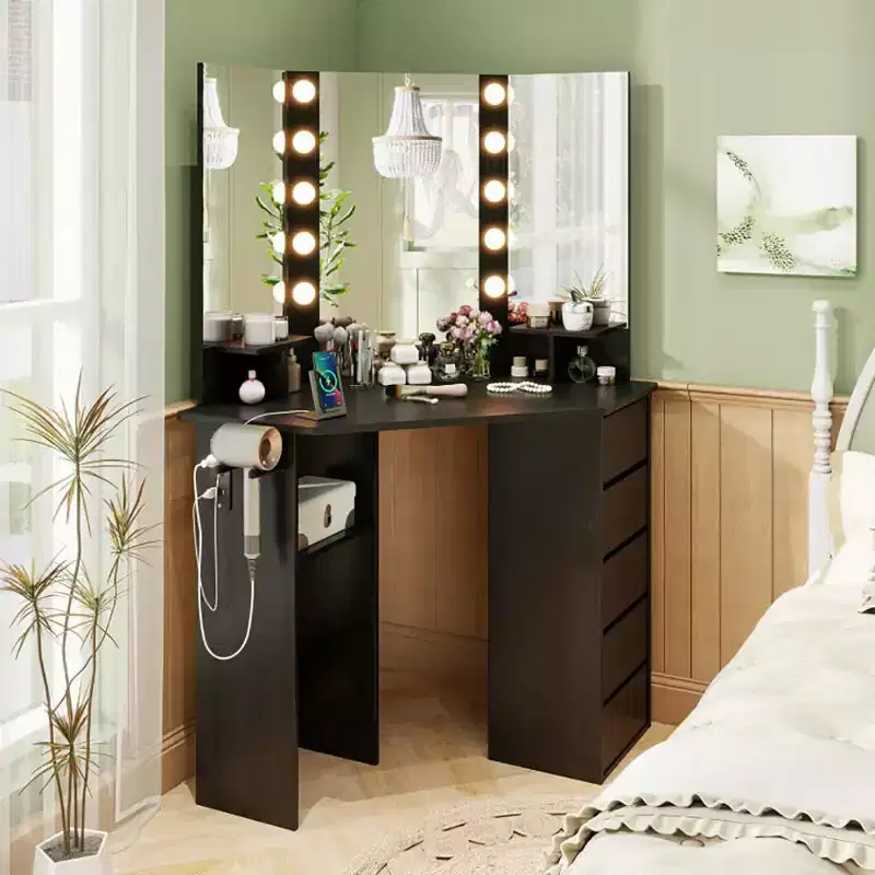 Corner Vanity Desk with 3-Color Adjustable Mirror, Power Outlet & Ample Storage
