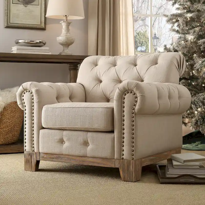 Tufted Scroll Arm Accent Chair with Nailhead Trim
