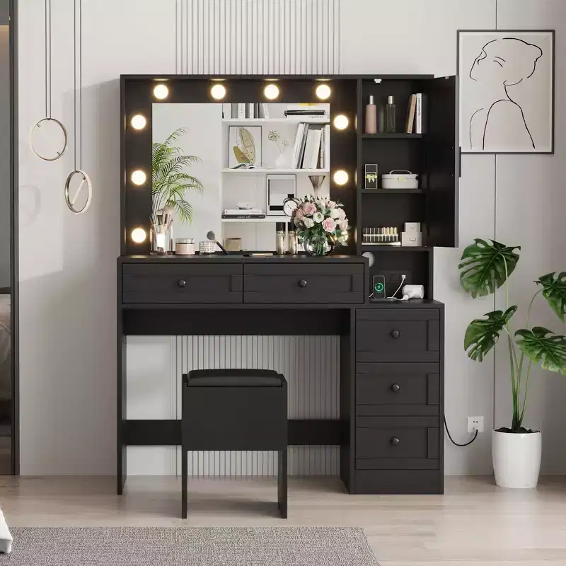 Black Makeup Vanity Desk Set with Lights & Stool – Iron & Wood, 2-Piece, 1 User