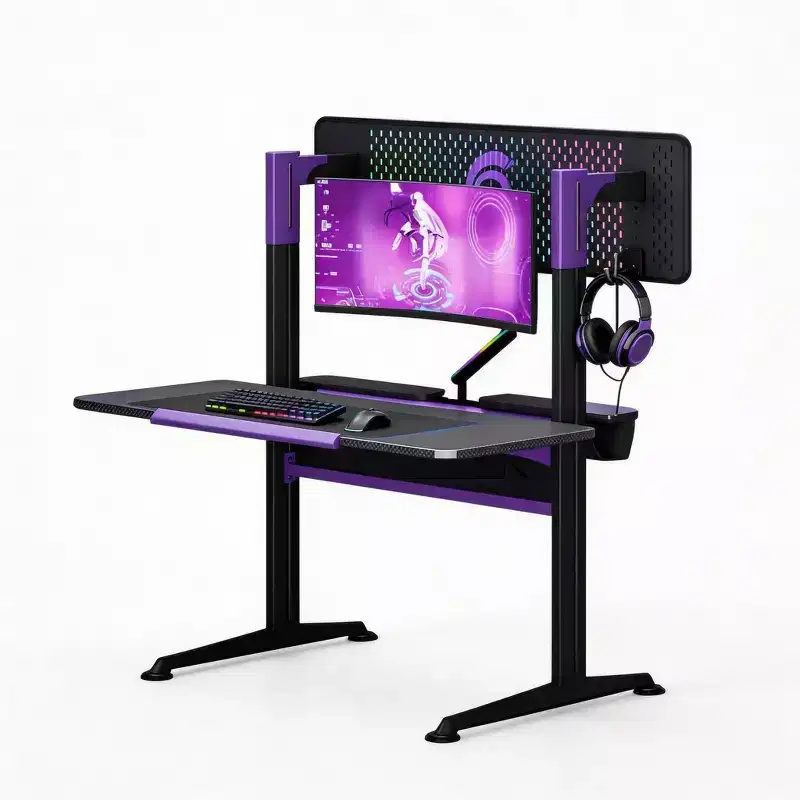 54''Gaming Desk wtih RGB Monitor Stand, LED Gamer Desk with Power Outlet, Ergonomic Computer Desk with Storage Boxes,Black