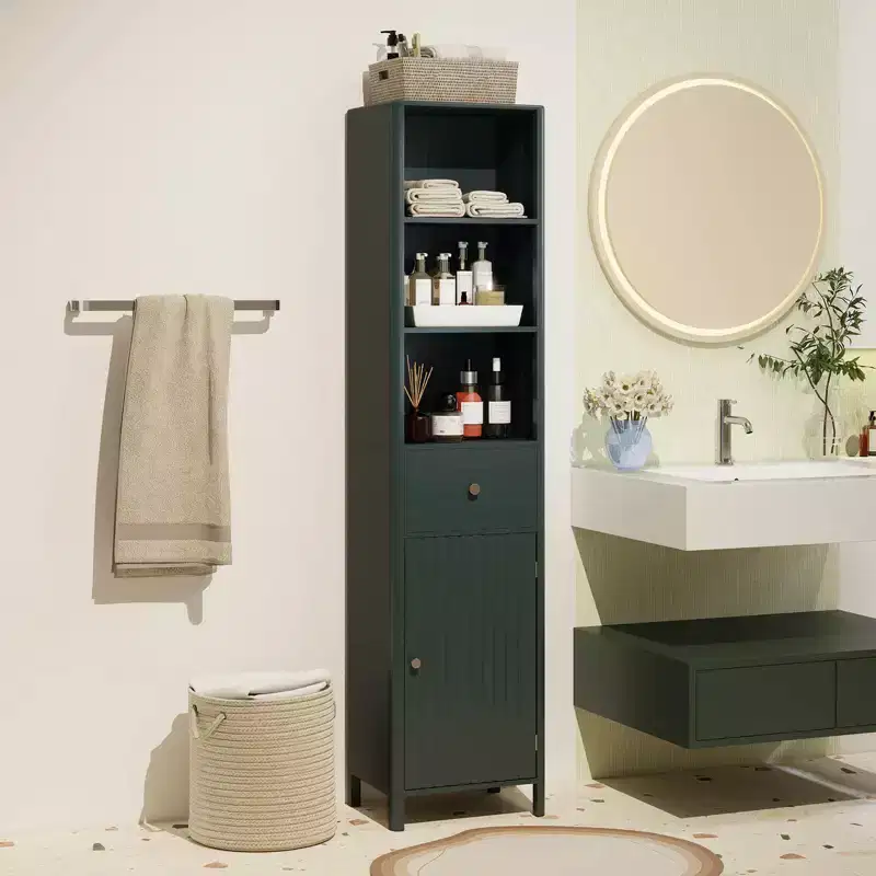 Costway 67 Tall Bathroom Cabinet with 3 Open Shelves, 1 Drawer, Adjustable Interior Shelf White/Off-white/Black/Green/Gray