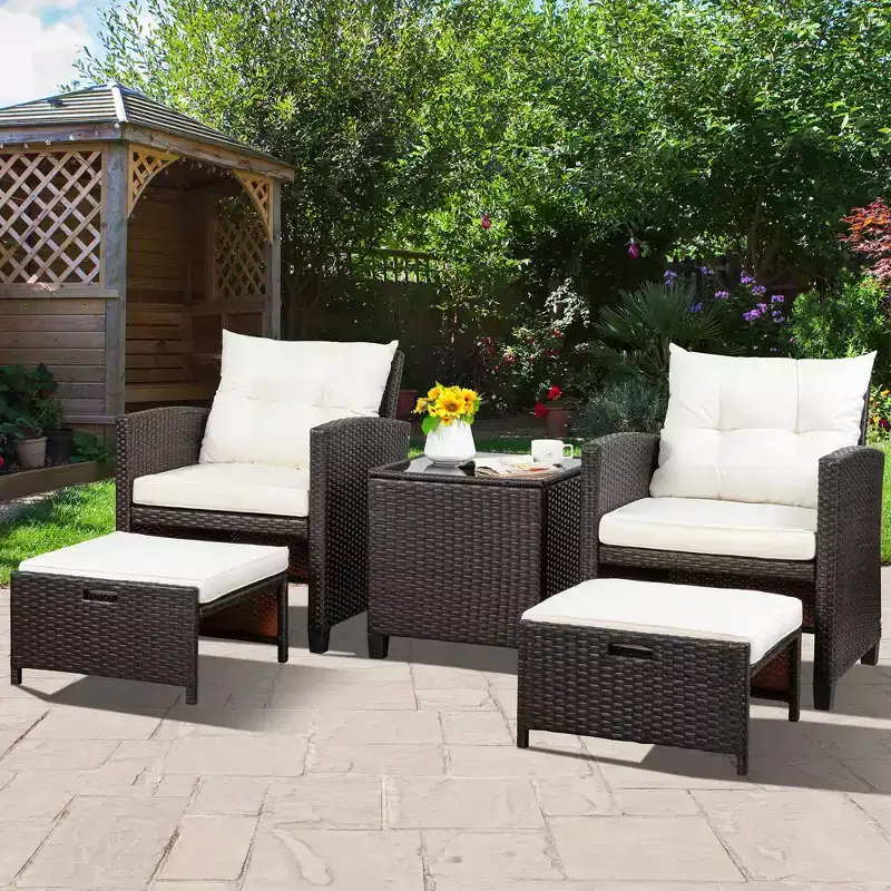 Celebalcony 5 Piece Patio Furniture Set, PE Wicker Rattan Patio Chairs Set of 2 with Cushions Ottomans &Glass Table for Porch Garden Off White