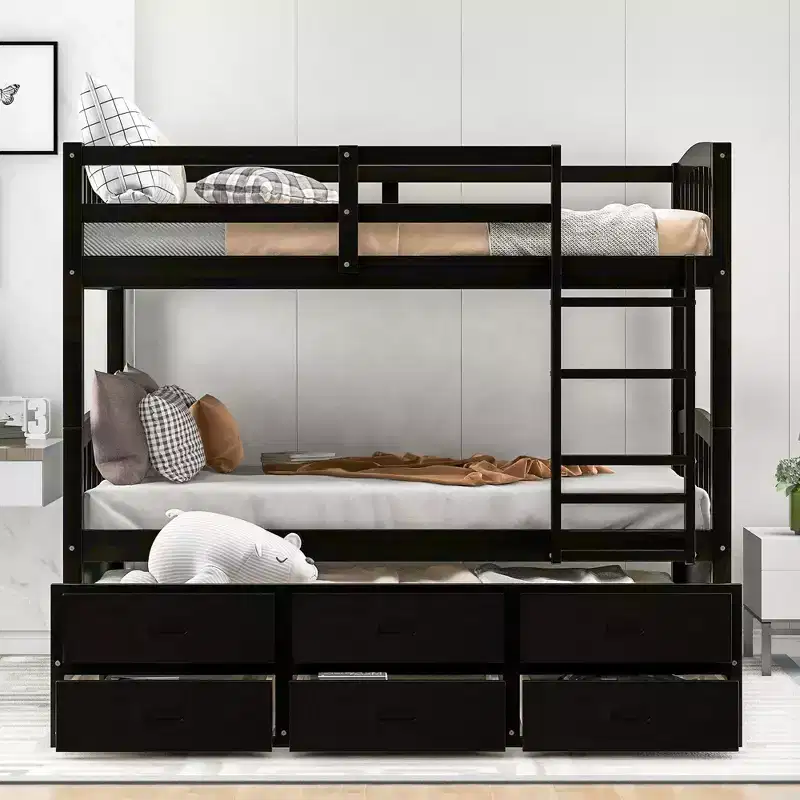 Twin over Twin Wood Bunk Bed with Ladder, Trundle & 3 Drawers – 400 lbs