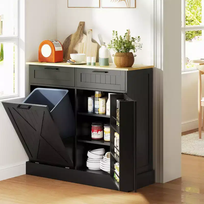 10 Gallon Farmhouse Kitchen Cabinet with Hidden Trash Can and 2 Drawers, Tilt Out Trash Can Cabinet for Kitchen