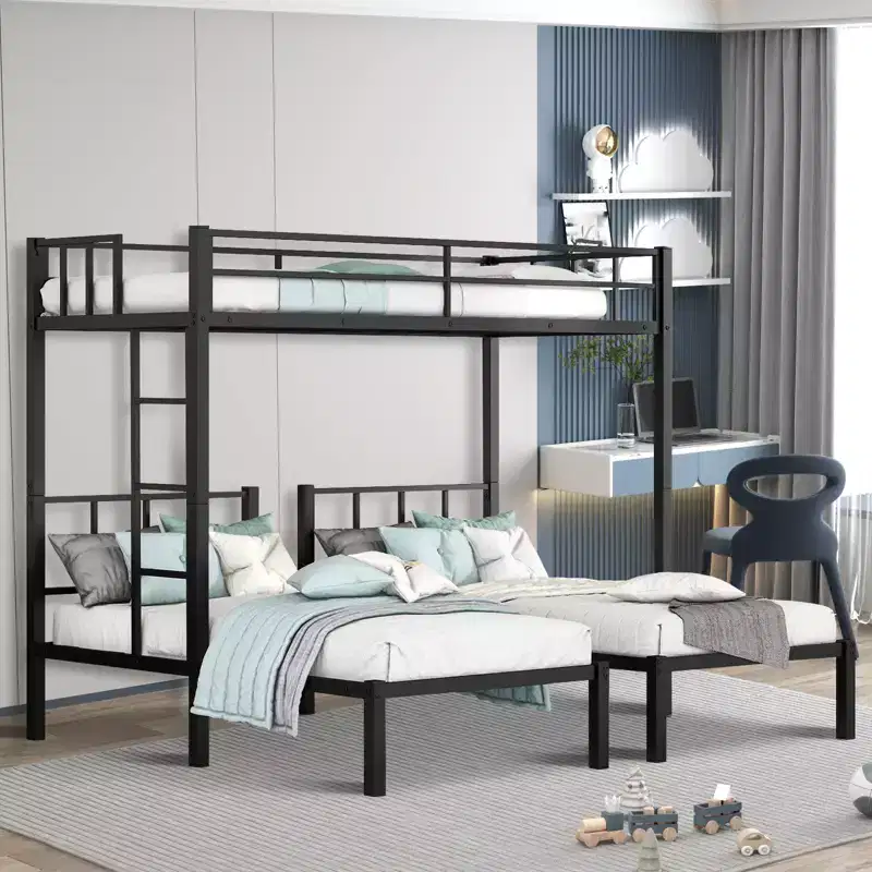 Twin Metal Bunk Bed, Triple Convertible Loft, Full-Length Guardrail & Ladder, Space-Saving, No Box Spring, Black, Twin Over Twin for Teens/Adults