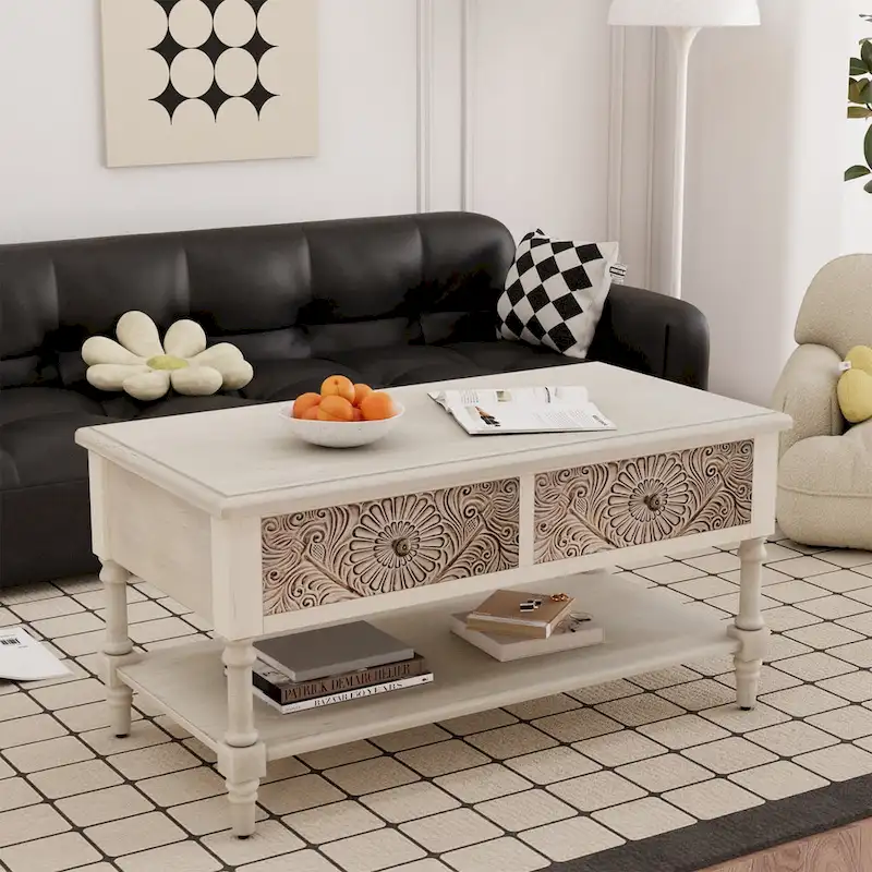VENTOPYR Mid-Century Modern Rectangular Coffee Table with 2 Drawers and Shelf