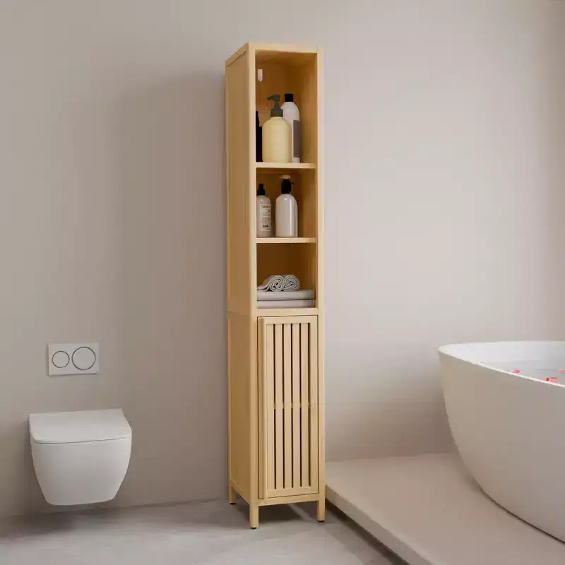 GDFStudio Xinyi 65H Farmhouse 5-Tier Bamboo Tall Storage Cabinet with One Door