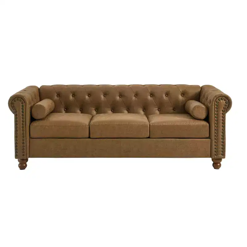 3-Seat Sofa, Tufted Fabric, Sturdy Wood Frame, Square Arms, S-Spring, High-Resilience Sponge, for Living Room or Apartment, Brown
