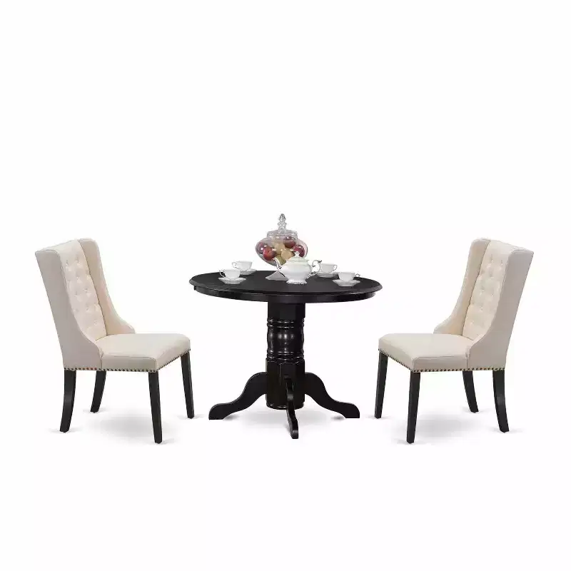 3-Piece Black Finish Solid Wood Top - Button Tufted Dining Room Set - Seats 4